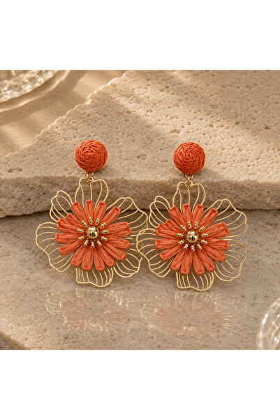 BLUEVELL JEWELRY Veloura Turuncu Çiçekli Altın Kaplama Çelik Küpe Kadın Suya ...