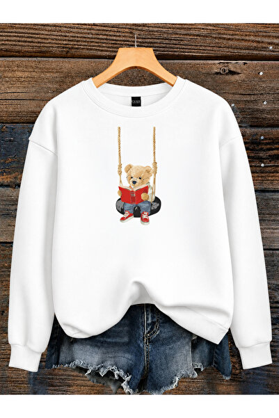ESADE Kadın Teddy Bear Ayıcık Baskılı Rahat Kalıp Bisiklet Yaka Beyaz Sweatshirt