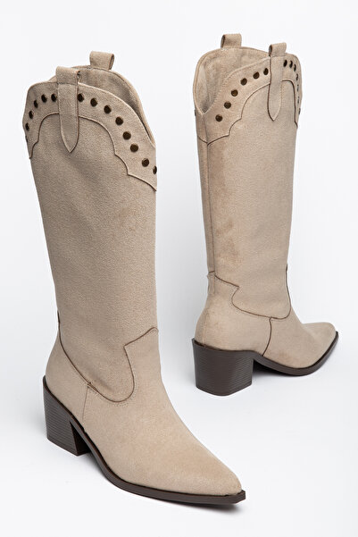 Generic Brand Beige Suede Troc Detailed Brown Sole Western Cowboy Boots