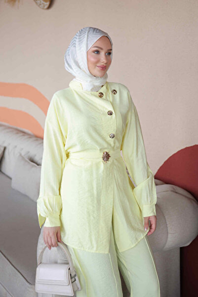 İmajButik Yellow Buttoned Belted Tunic and Trousers Set