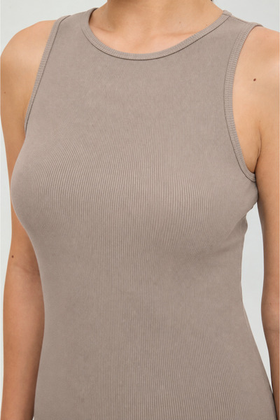SHEISMONO Soft Rib Yırtmaç Detaylı Kolsuz Elbise Vizon