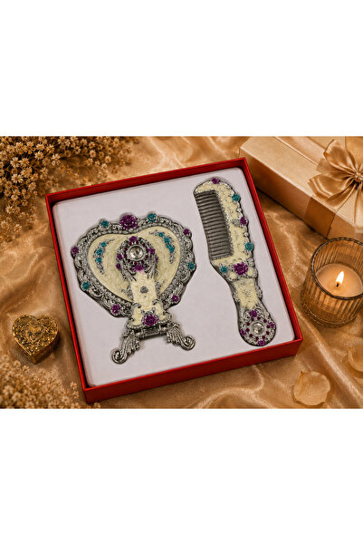 hediyeconcepti Decorative Heart Design Stone Detailed Mirrored Comb Set Gold ...