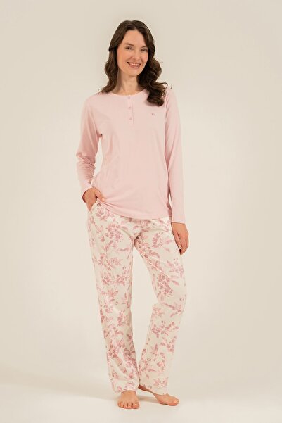 Arnetta Women's Long Sleeve Pink Patterned Modal Pajama Set (with Socks as a ...
