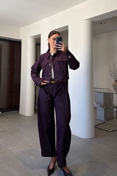 MAGARDE Crop Ceket Pantolon Jean Takim- Mürdüm