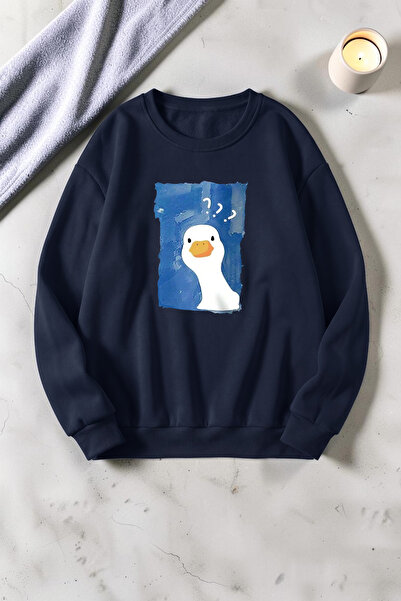 trendypassion Unisex Curious Duck Printed Crew Neck Sweatshirt
