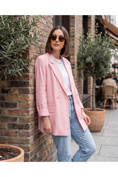 UIN Kadın Relaxed Fit Boyfriend Blazer Ceket – Tencel Dokulu, Çift Düğmeli, K...