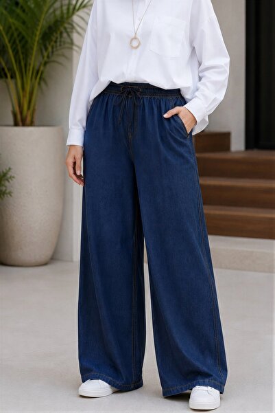 İmajButik Navy Blue Wide Leg Tencel Pants with Elastic Waist
