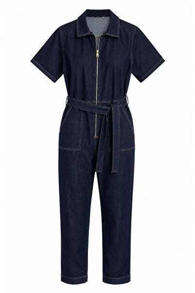 Buket Teke Navy Blue Zipper Detailed Jean Jumpsuit