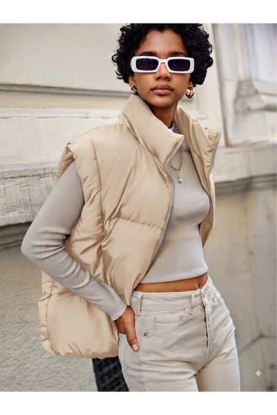 ladyzey Women's Beige Stand-Up Collar Double Pocket Metal Zipper Short Puffer Vest
