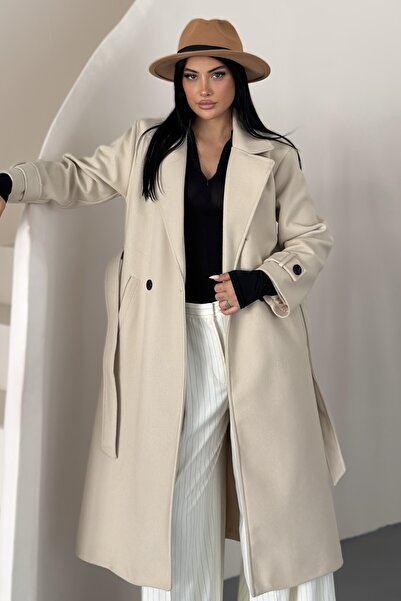 moda armanc Kadın Kuşaklı Astarlı Düğmeli Uzun Kaşe Kaban Palto