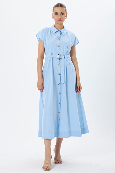 MY GRS Tricoton Dress with Shirt Collar, Front Tie Detail, Full Buttons