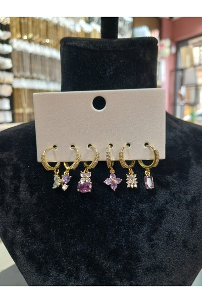 GUNESTAKI 316L Steel Purple Multi Charm Earrings Set of 6