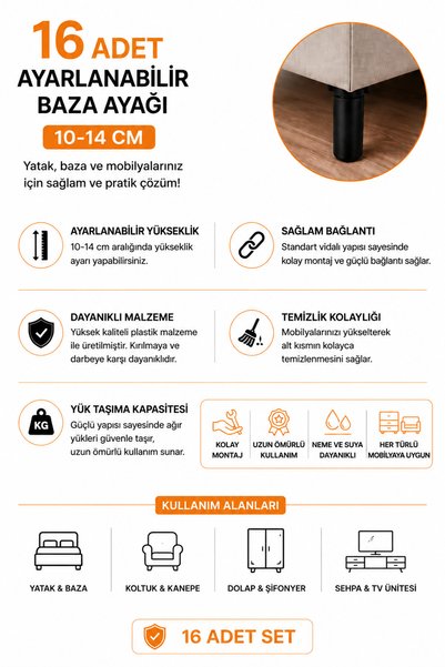 Dünya Sünger 16 Adet Ayarlanabilir Baza Ayağı 10-14 cm – Vidalı Siyah Plastik...