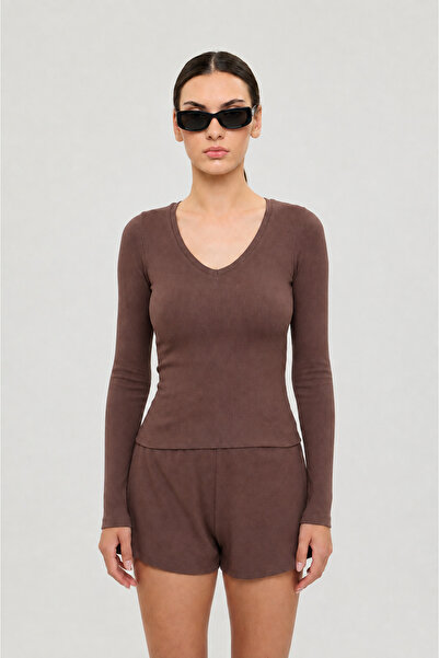 SHEISMONO Soft Rib V Yaka Bluz Kahverengi