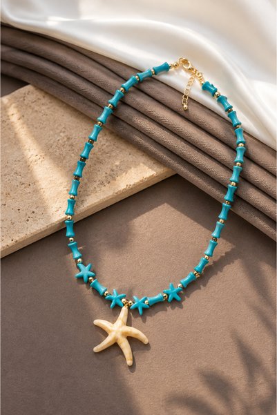 Dore Collection Turquoise Natural Stone Look Starfish Necklace with Gold Deta...