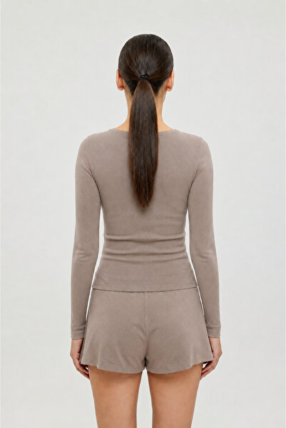 SHEISMONO Soft Rib V Yaka Bluz Vizon