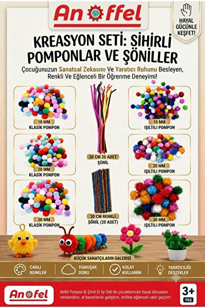 Anoffel PonPon ve Şönil Elişi Seti Okul Öncesi Etkinlik Seti 1 Paket Simli Şö...