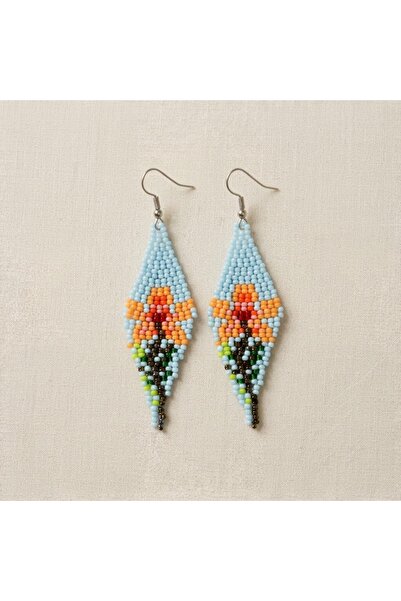 El Yapımı Boncuk İşi Turuncu Gonca Desenli Uzun Püsküllü Küpe 2,5x6,5cm