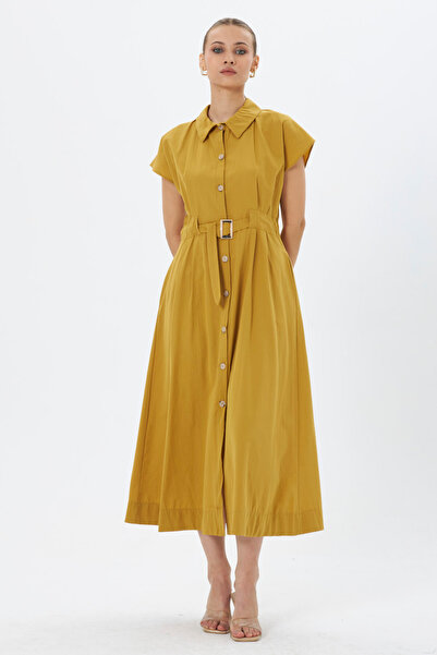 MY GRS Tricoton Dress with Shirt Collar, Front Tie Detail, Full Buttons