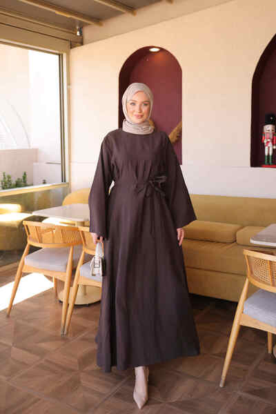 İmajButik Brown Wide-Sleeve Belted Dress