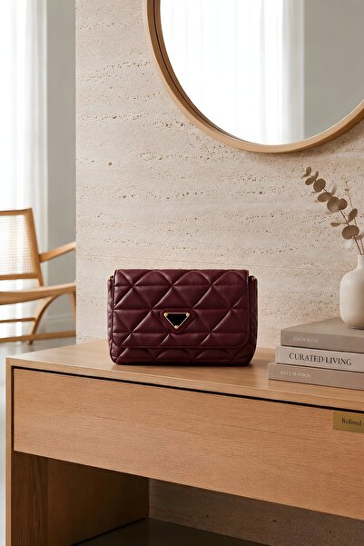 İmajButik Burgundy Quilted Patterned Shoulder Bag with Strap