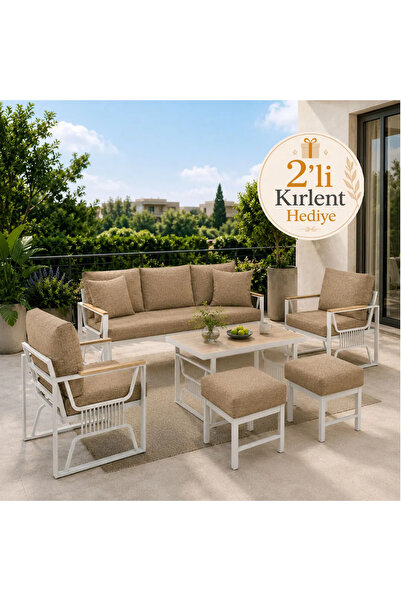 UFUK HOME Rosa Krem 3+1+1 Masalı 2 Puflu Bahçe Oturma Grubu – 2 Kırlent Hediyeli