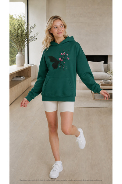 EMMODA Women's Butterfly and Sakura Flowers Graphic Printed Hooded Kangaroo P...