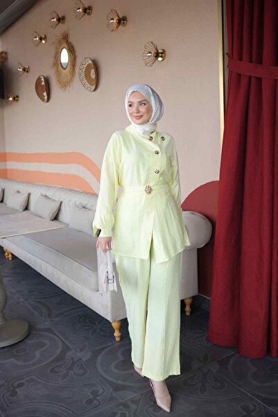 İmajButik Yellow Buttoned Belted Tunic and Trousers Set