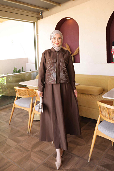 İmajButik Brown Stone Detailed Jacket and Skirt Set