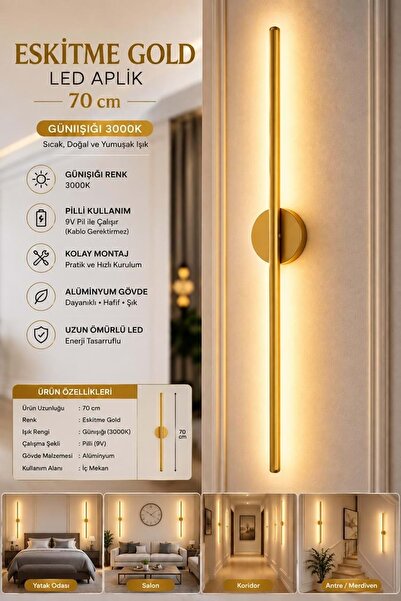 Mandaş Eskitme Gold Gün Işığı 70 cm Led Duvar Aplik 2 Adet Tekli | Pilli Kablosuz Kullanım Tak-Çalıştır