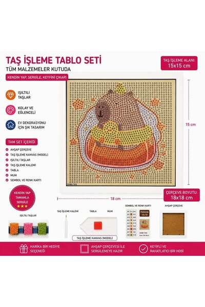 iğne izi 5D Elmas Taş İşleme Tablo Seti Kapibara Desenli 18X18 cm Ahşap Çerçe...