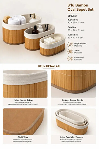 ego home 3’lü Oval Bambu Hasır Sepet Seti Dekoratif Banyo Makyaj Mutfak Düzenleyici Organizer Sepet