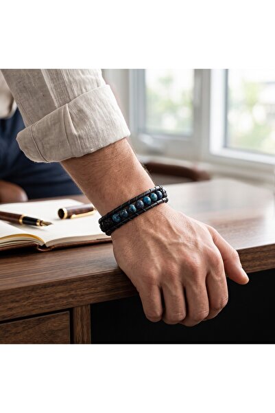 HOBİSY GIFT SHOP Black Leather and Blue Natural Stone Detailed Steel Clip Men...
