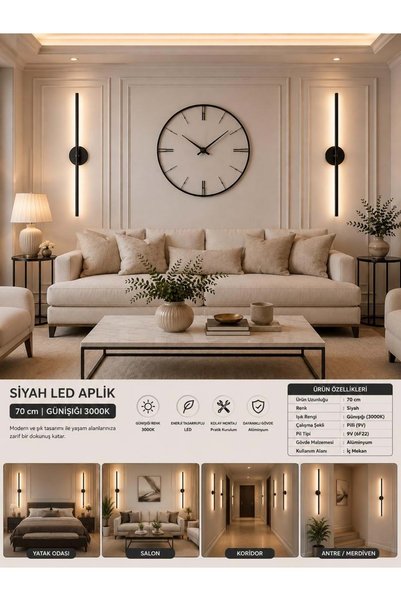 Mandaş Siyah Gün Işığı 70 cm Led Duvar Aplik 3 Adet Tekli | Pilli, Kablosuz Kullanım, Tak-Çalıştır