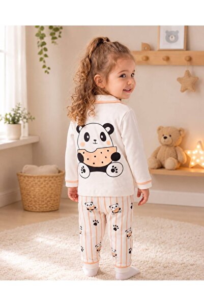 derin baby %100 Pamuk Uzun Kollu Düğmeli Panda Desenli Sırt Baskılı Yumuşak D...