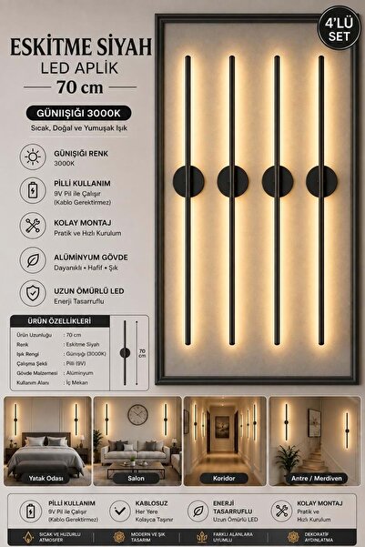 Mandaş Siyah Gün Işığı 70 CM Led Duvar Aplik 4 Adet|Pilli Kablosuz Kullanım T...