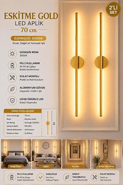 Mandaş Eskitme Gold Gün Işığı 70 cm Led Duvar Aplik 2 Adet Tekli | Pilli Kabl...