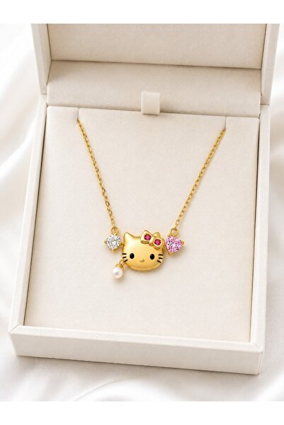 deryora Hello Kitty Gold Kolye Sevimli Kedi Figürlü Pembe Fiyonklu Kalp Taş D...