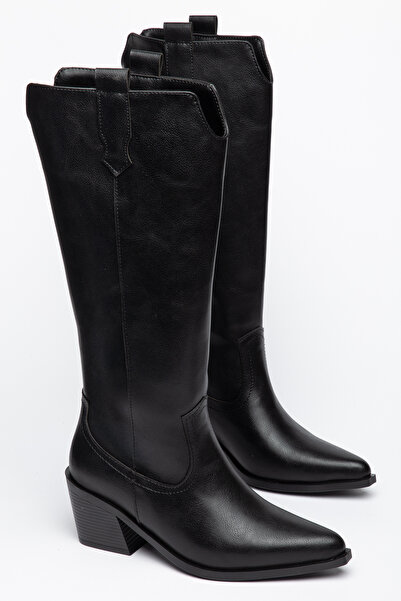 Generic Brand Black Leather Western Cowboy Boots with Black Sole and Pointed Toe