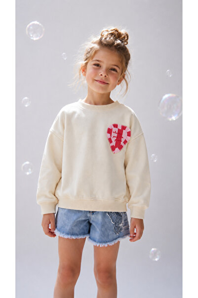 Milo Sol Milo+Sol Kız Çocuk Ekru Kalp Detaylı Pamuklu Oversize Sweatshirt