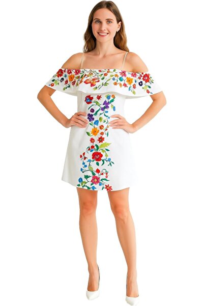 OtherMax Rochie Damă Lejeră Scurtă cu Umeri Decoperiți Albă Florală S — rochi...