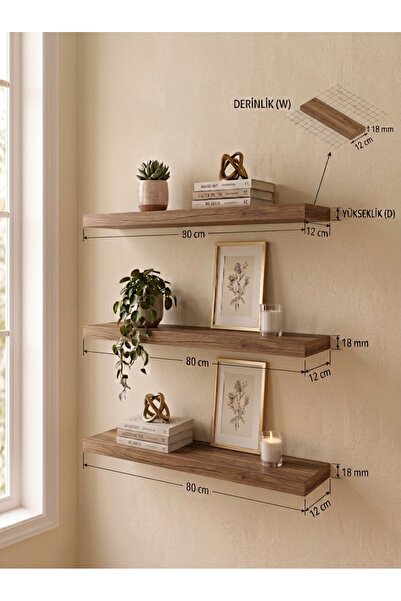 woodline 3'LÜ DUVAR RAFI 80X12 AHŞAP DESENLİ MDF