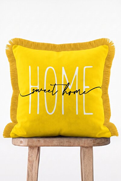 IdeCraft Home Sweet Home Yazılı Canlı Sarı Saçaklı Dekoratif Kırlent Kılıfı