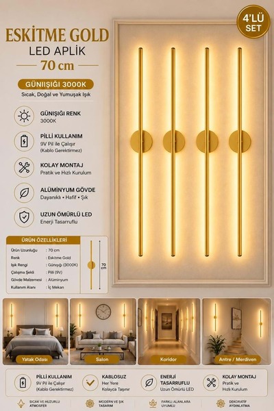 Mandaş Eskitme Gold Gün Işığı 70 cm Led Duvar Aplik 4 Adet Tekli | Pilli Kabl...