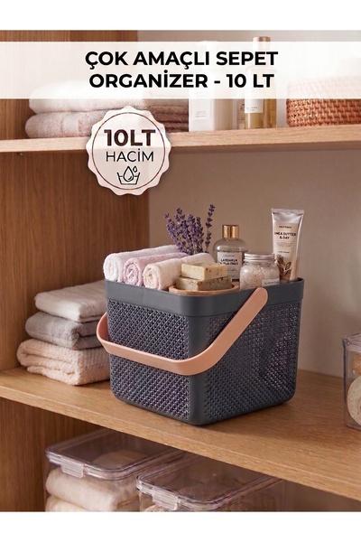 İndecor Houseware Dolap İçi Düzenleyici, Banyo, Mutfak Organizeri Kulplu Sepet, Dekoratif Saklama Kutusu, Banyo Düzenleyici Organizer 10LT