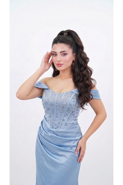 ABİYECİM ABİYE DÜŞÜK KOL STRAPLEZ KORSE GÖRÜNÜMLÜ TAŞLI ABİYE