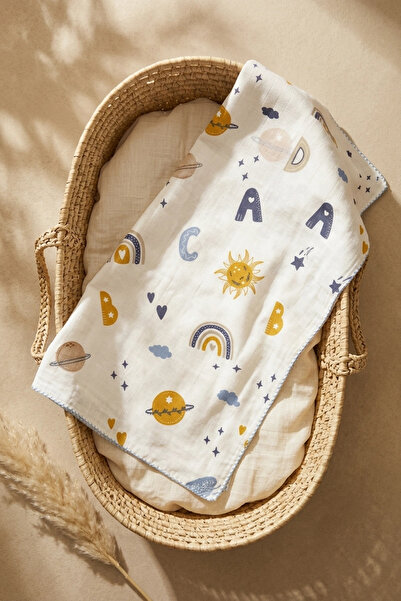 Babydonat Letter Patterned Orange Edged Piping Embroidered Cotton Muslin Baby...