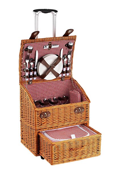 Picnic&co Tekerlekli Piknik Sepeti 4 Kişilik Hasır Piknik Seti Pötikare Desen...