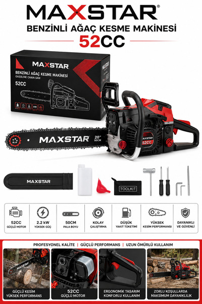 Maxstar 5.2 HP 52 CC 2.2 kW Benzinli Motorlu Testere 50 cm 20” Pala Profesyon...