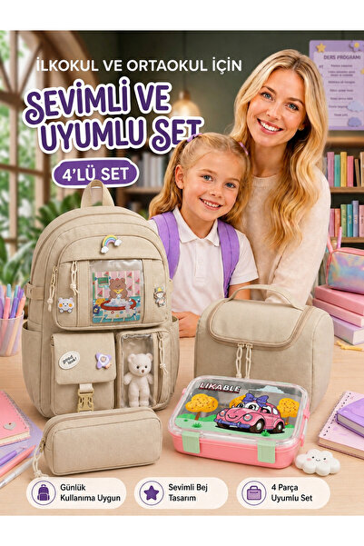 OKAVANGO 4-Piece School Bag Set Girls' Stainless Steel Lunch Box Primary Scho...